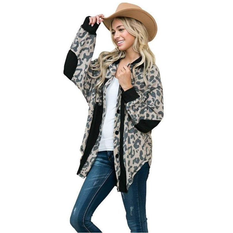 Women's elbow patch shacket shirt in leopard print with black accents and relaxed fit