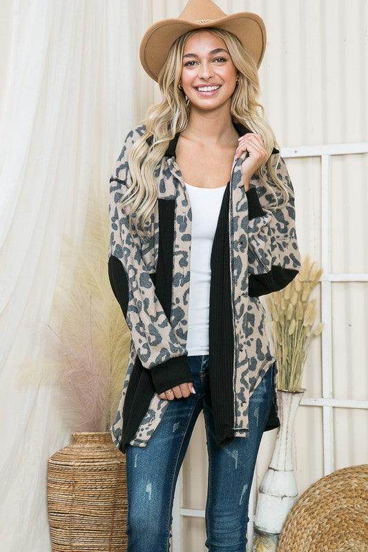 Stylish women's elbow patch shacket shirt in leopard print with black accents for a trendy look