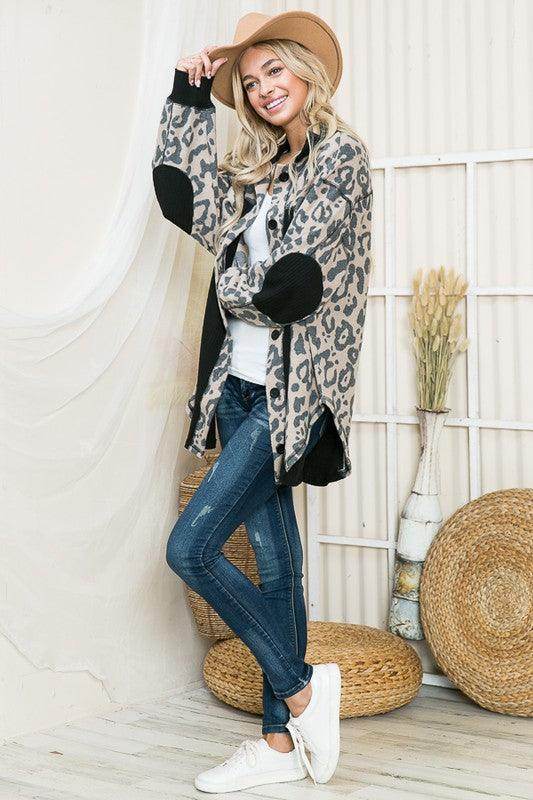 Stylish elbow patch shacket shirt in leopard print, perfect for layering and casual outfits