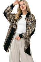 Stylish women's elbow patch shacket shirt in plaid design, perfect for layering in cool weather