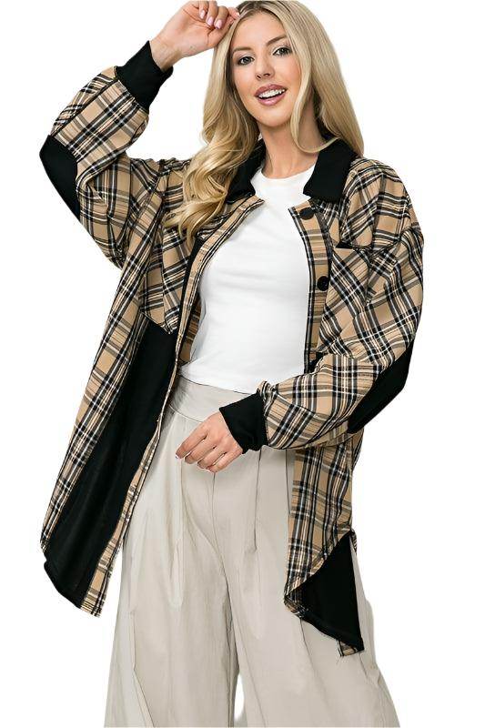 Stylish women's elbow patch shacket shirt in plaid design, perfect for layering in cool weather