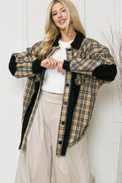 Women's elbow patch shacket shirt in plaid pattern, stylish and oversized for casual wear