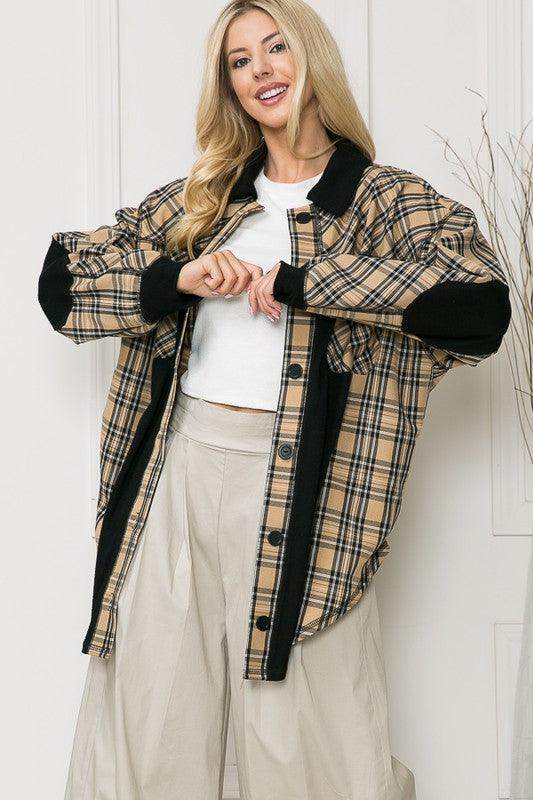 Women's elbow patch shacket shirt in plaid pattern, stylish and oversized for casual wear