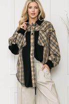 Orange Farm Clothing elbow patch shacket shirt in plaid design with black accents for a stylish look