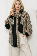 Orange Farm Clothing elbow patch shacket shirt in plaid design with black accents for a stylish look