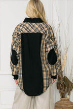 Back view of women's elbow patch shacket shirt in plaid with black accents from Orange Farm Clothing