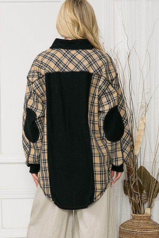 Back view of women's elbow patch shacket shirt in plaid with black accents from Orange Farm Clothing