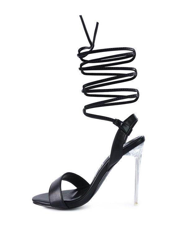 Rag Company elegant clear heel shoes with stylish lace-up design and sleek black straps