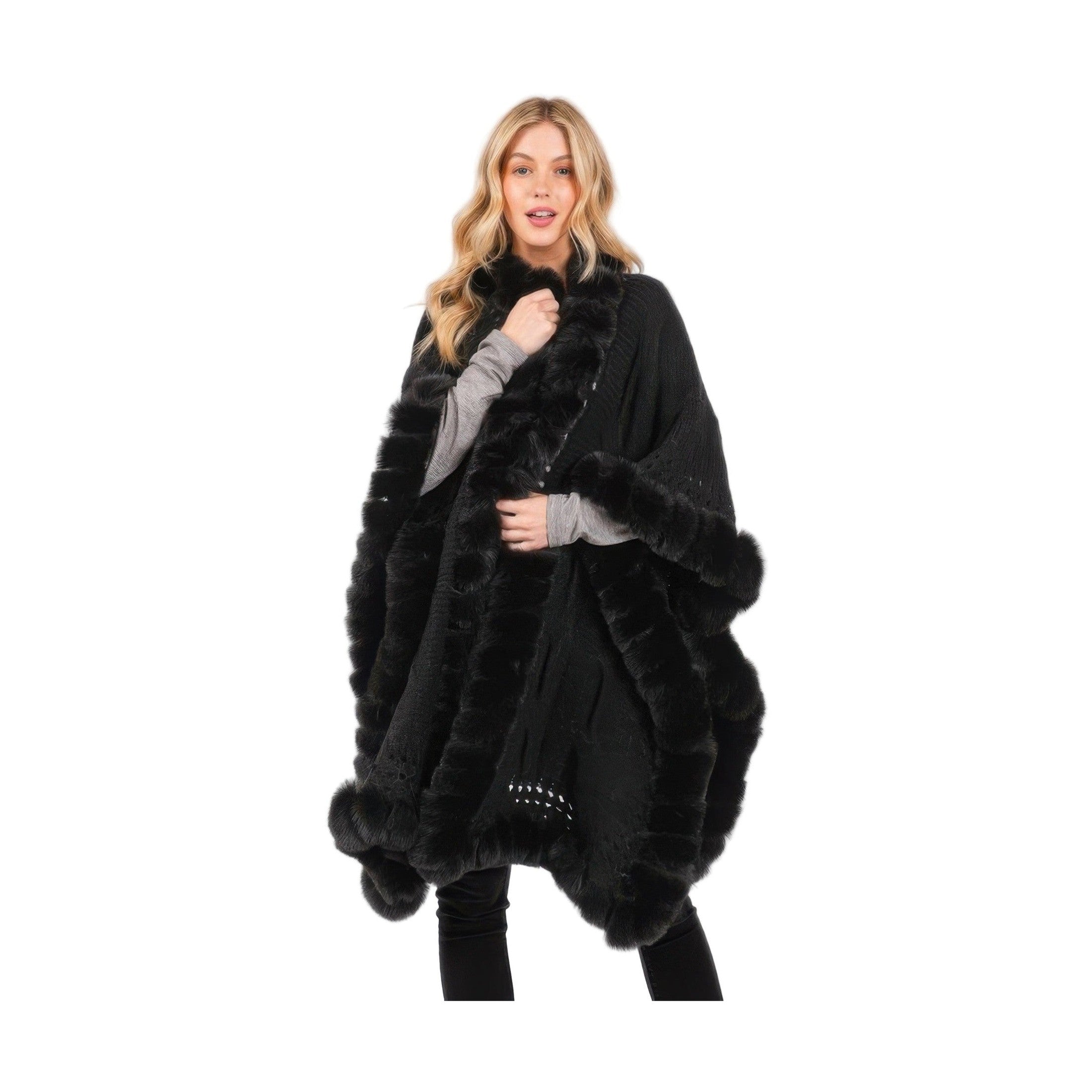 VacationGrabs black winter wrap with plush faux fur trim cape for women in cozy oversized silhouette