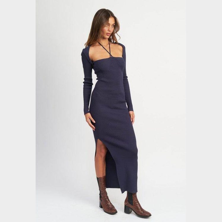 Emory Park elegant halter dress in navy with a side slit perfect for special occasions