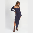 Emory Park elegant halter dress in navy with a fitted silhouette and side slit for a chic look