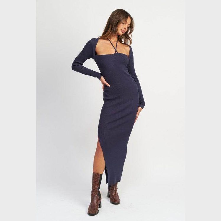 Emory Park elegant halter dress in navy with a fitted silhouette and side slit for a chic look