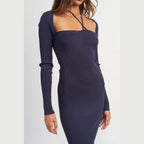 Emory Park elegant halter dress in navy featuring long sleeves and a fitted silhouette