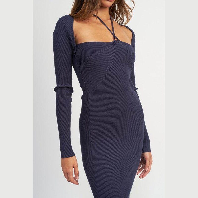 Emory Park elegant halter dress in navy featuring long sleeves and a fitted silhouette