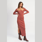 Emory Park elegant halter dress in rust with long sleeves and side slit for a stylish look