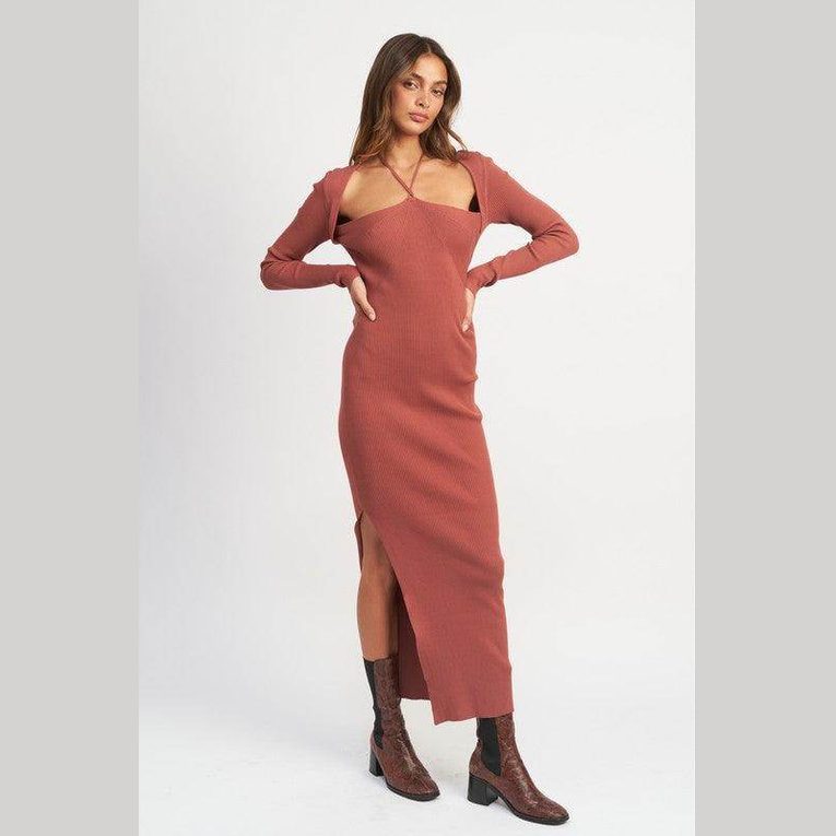 Emory Park elegant halter dress in rust with long sleeves and side slit for a stylish look