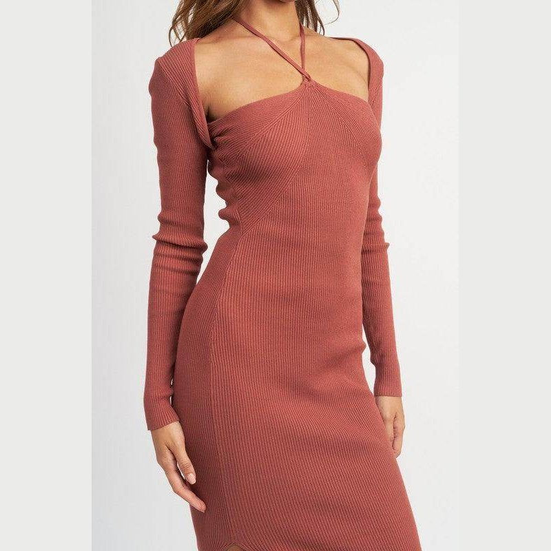 Emory Park elegant halter dress in rust color with long sleeves and fitted design