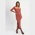 Emory Park elegant halter dress in rust color with long sleeves and side slit for a stylish look