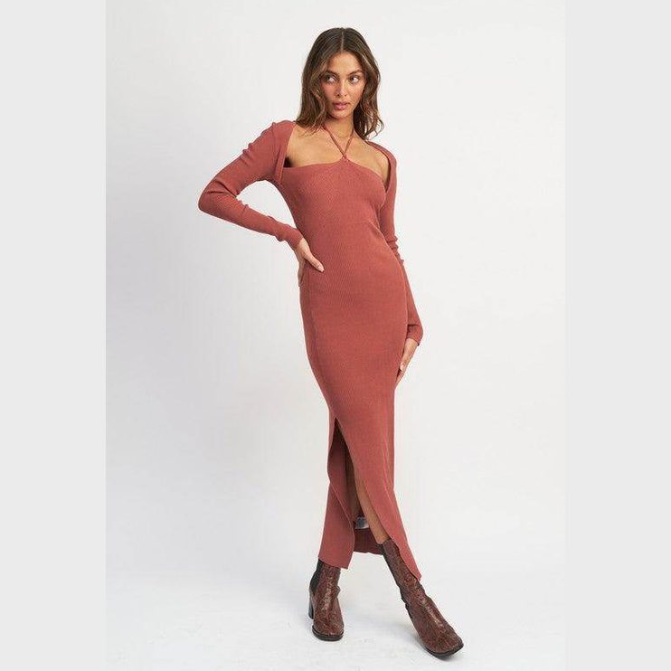 Emory Park elegant halter dress in rust color with long sleeves and side slit for a stylish look