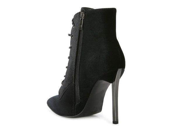 Rag Company elegant high heeled boots in black suede with side zipper and lace-up design