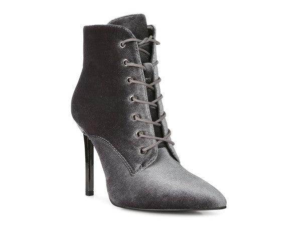 Rag Company elegant high heeled boots in grey with lace-up design and pointed toe