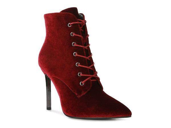 Rag Company elegant high heeled boots in red velvet with lace-up design for a stylish look