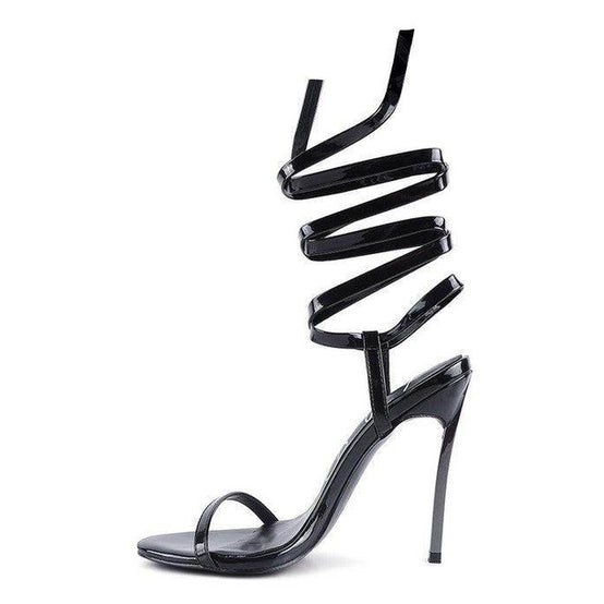 Stylish black elegant lace up heels with a high stiletto heel and ankle straps