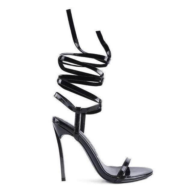 Rag Company elegant lace up heels in black with a stylish spiral strap design and high stiletto heel