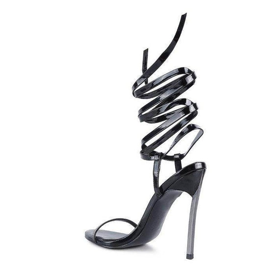 Rag Company elegant lace up heels in black with stiletto heels and stylish spiral straps