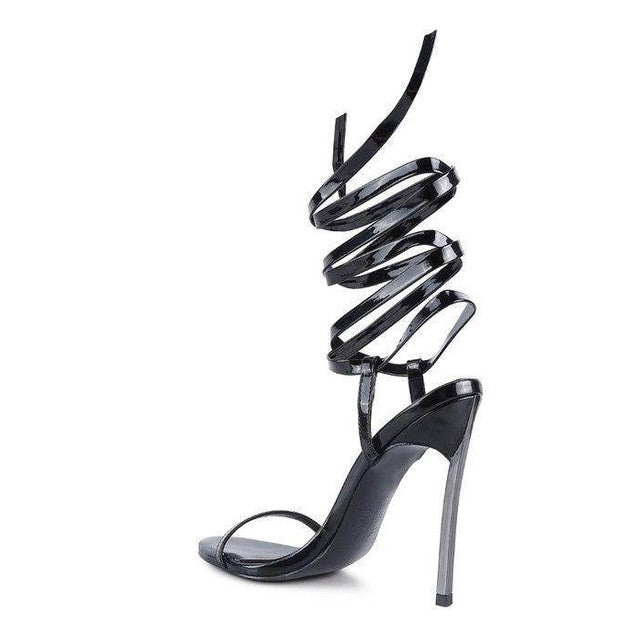 Rag Company elegant lace up heels in black with stiletto heels and stylish spiral straps