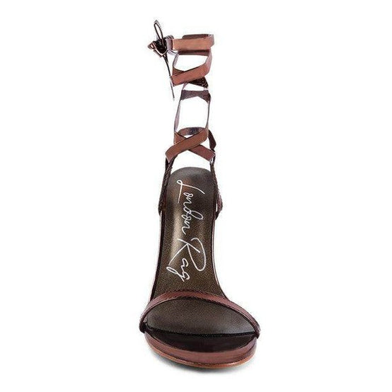Rag Company elegant lace up heels in brown with a stylish ankle strap and open toe design