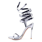 Rag Company elegant lace up heels in silver with a stylish high stiletto and spiral straps