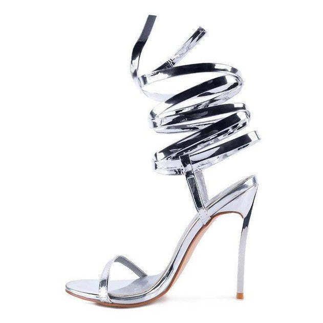 Rag Company elegant lace up heels in silver with a stylish high stiletto and spiral straps