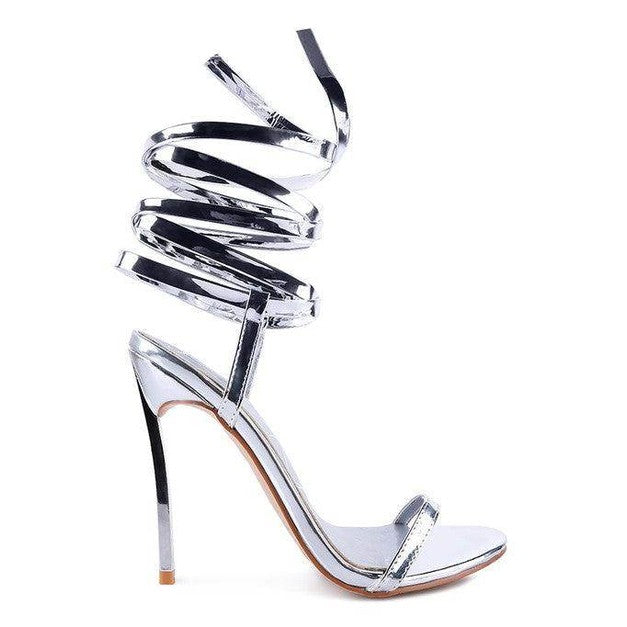 Rag Company elegant lace up heels in shiny silver with stylish spiral straps and stiletto heel
