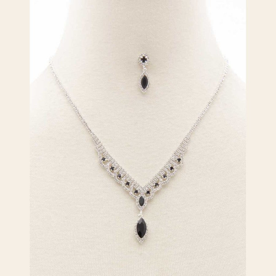 Elegant rhinestone necklace for women with matching earrings, featuring black and silver accents
