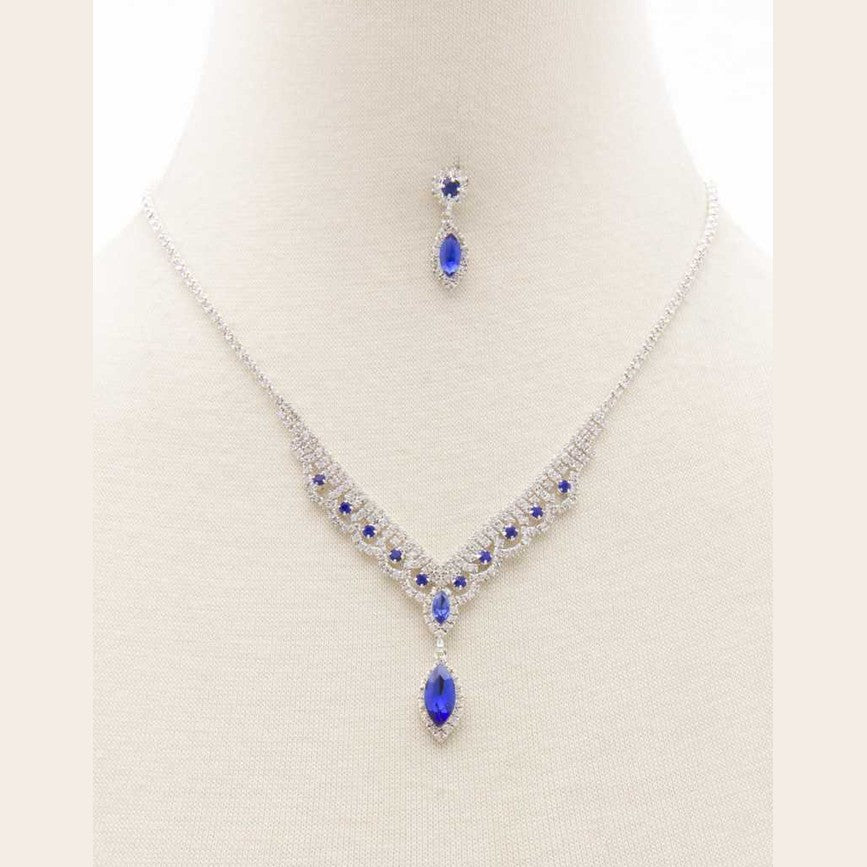 Elegant rhinestone necklace for women with blue gems and matching earrings in a stunning jewelry set