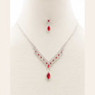 Elegant rhinestone necklace for women set with matching earrings in red and silver tones