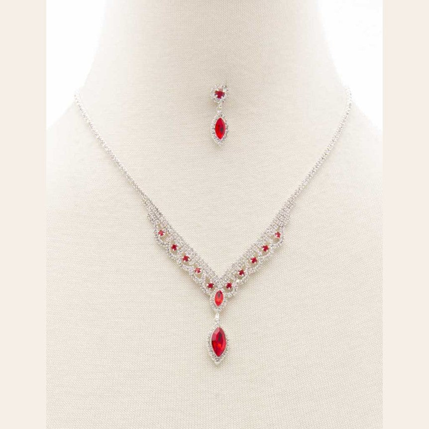 Elegant rhinestone necklace for women set with matching earrings in red and silver tones