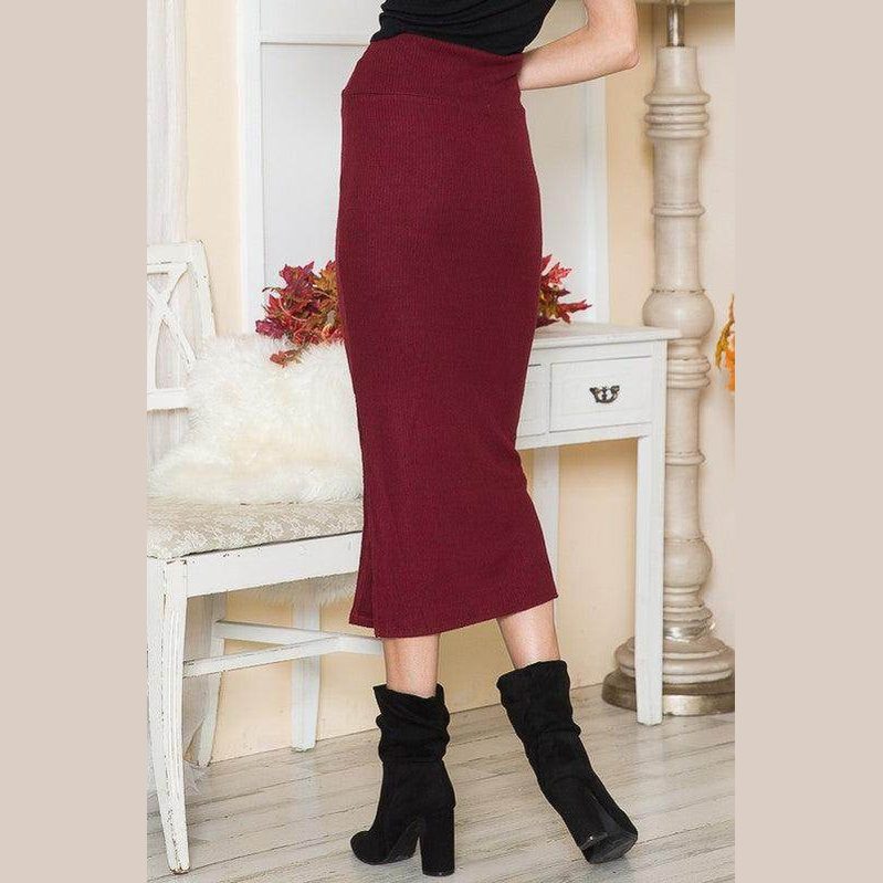 Burgundy elegant slit skirt from Orange Farm Clothing, perfect for stylish fall outfits