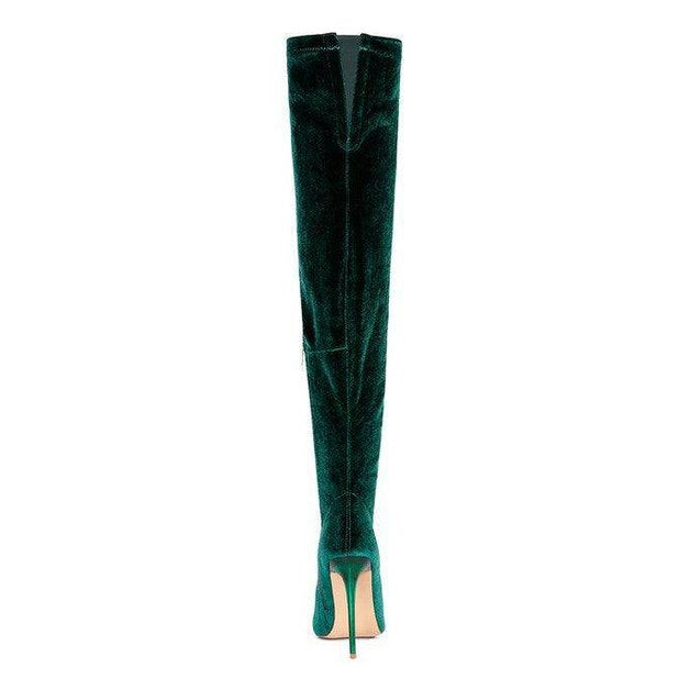 Rag Company Elegant Stiletto Boots in Green Velvet with a Slim High Heel and Over-the-Knee Design