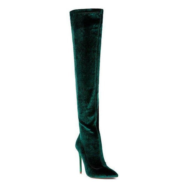 Rag Company elegant stiletto boots in green velvet with a sleek over-the-knee design