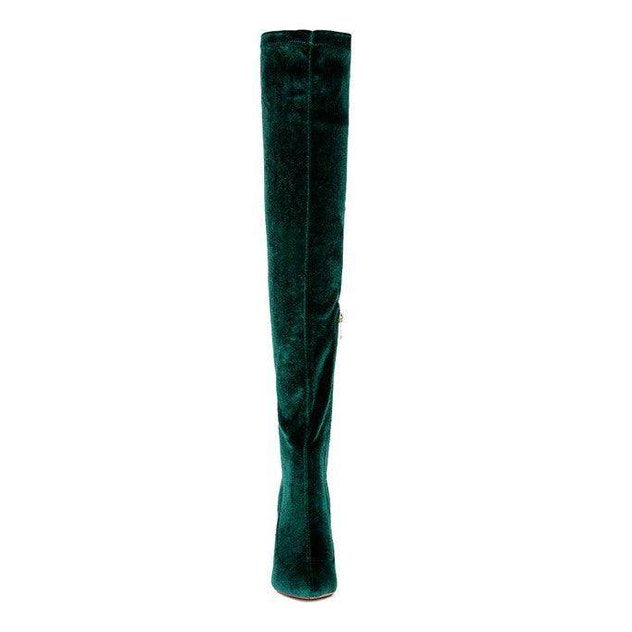 Rag Company elegant stiletto boots in green velvet with a sleek, tall design for a chic look