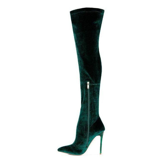 Rag Company elegant stiletto boots in green velvet with a sleek thigh-high design