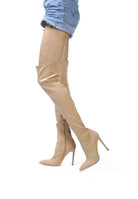 Elegant stiletto boots for women in nude with a thigh-high design and pointed toe for chic style