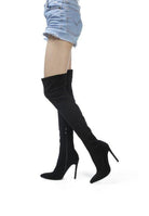 Elegant stiletto boots for women in black, featuring a sleek over-the-knee design and high heels