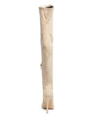 Rag Company elegant stiletto boots for women in beige with a sleek, tall design and pointed toe.