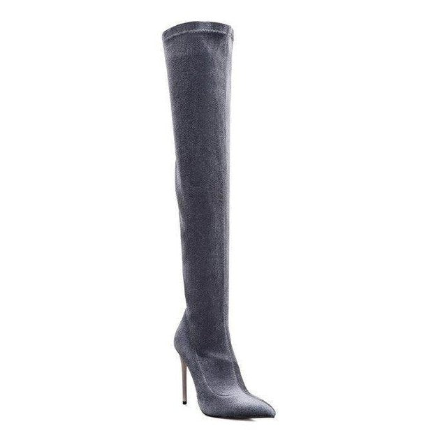 Rag Company elegant stiletto boots in gray with thigh-high design and sleek pointed toe