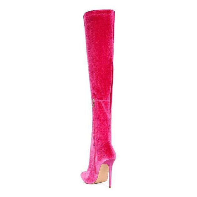 Rag Company elegant stiletto boots in vibrant pink with a sleek thigh-high design