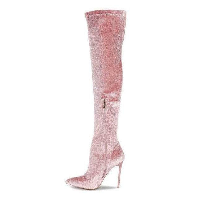Rag Company elegant stiletto boots in pink velvet with a sleek thigh-high design and zipper detail