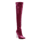 Rag Company elegant stiletto boots in vibrant burgundy with a sleek thigh-high design
